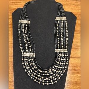 Vintage Black Glass Seed Bead Multistrand Bib Necklace Multi Color